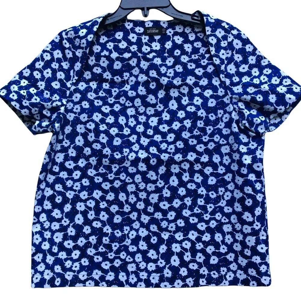 Kate Spade Saturday Blue Floral Short Sleeve Fold Over Shoulder Top Size M